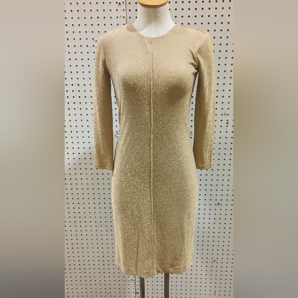 Halston Women's Textured Sparkled Sheath Dress Gold Long Sleeve Zipper size 2